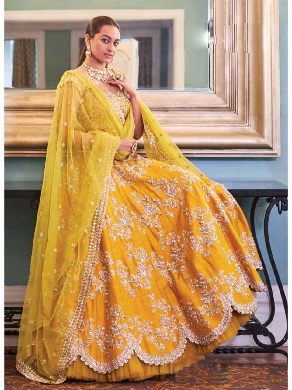 Sonakshi Sinha Mustered Yellow Embroidery Taffeta Designer Lehenga Choli (Default)