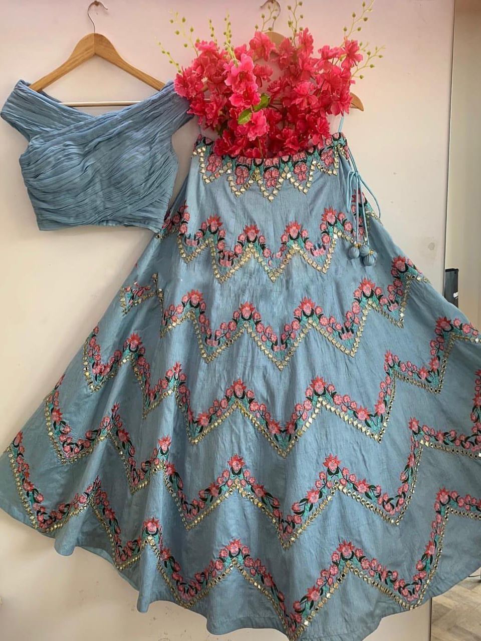 Blue Floral Embroidered Taffeta Party Wear Lehenga Choli With Pink Dupatta