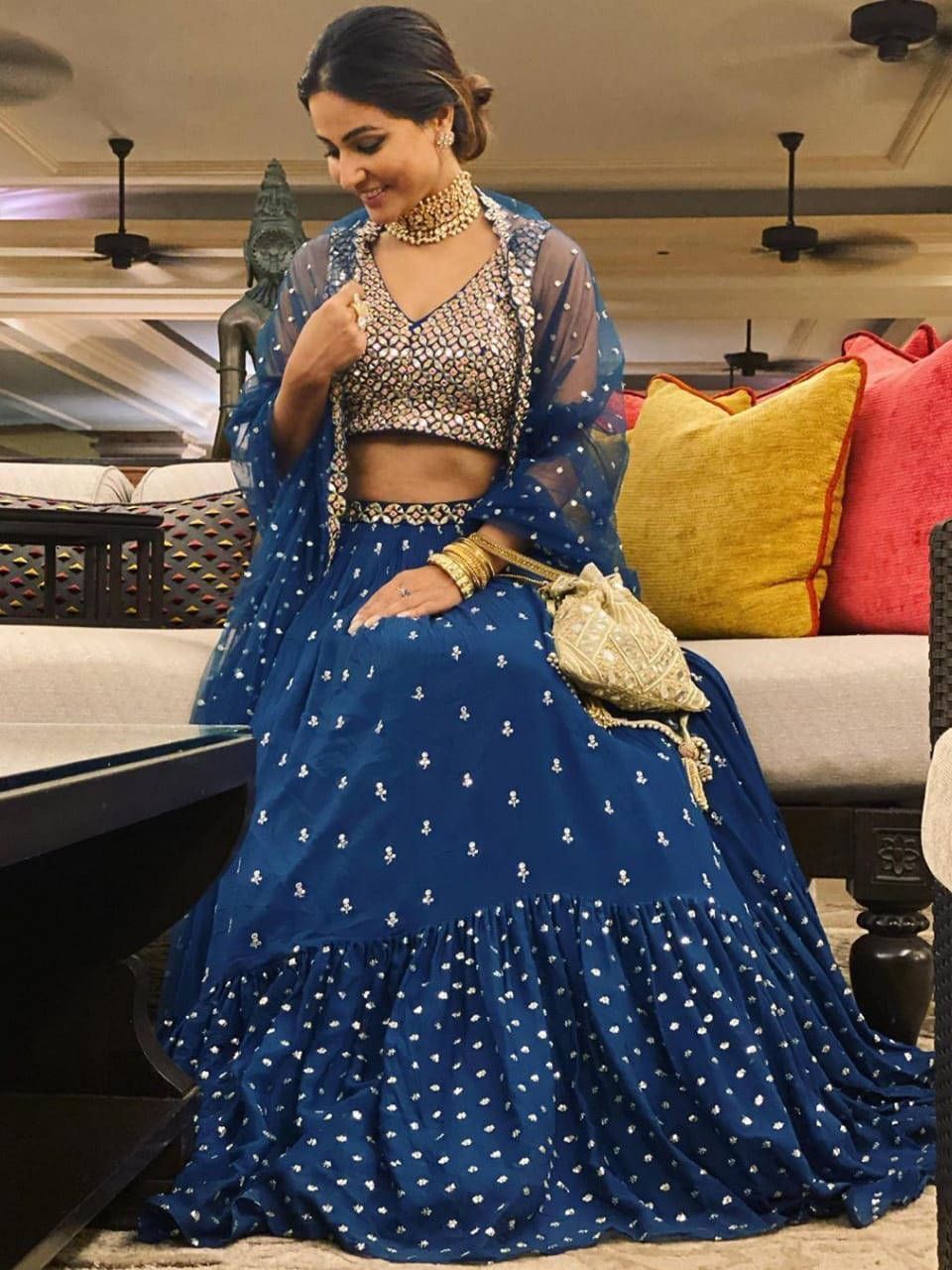 Hina Khan Blue Flared Georgette Digital Printed Party Wear Lehenga Choli