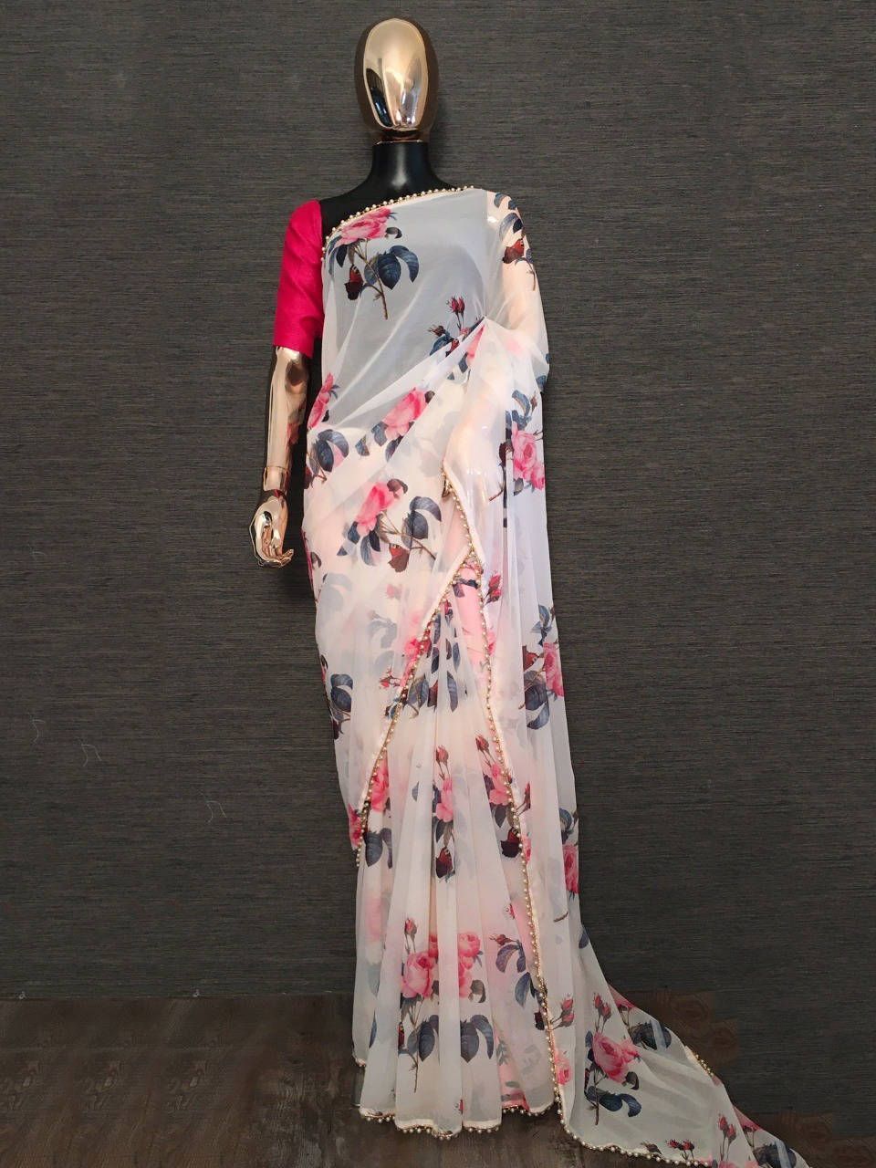 Off White Floral Printed Georgette Festival Wear Saree With Blouse