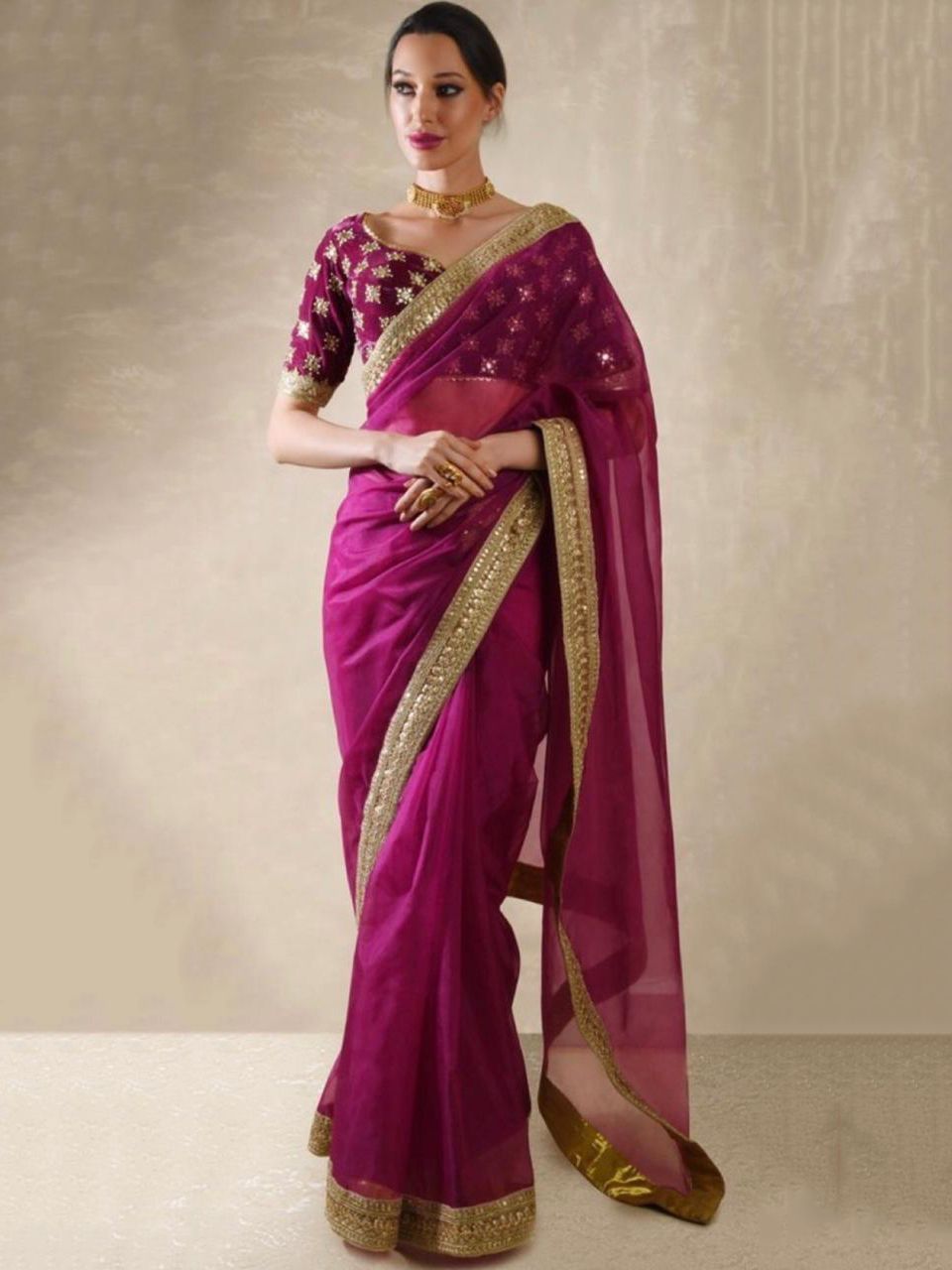 Magenta Embroidered Organza Wedding Wear Saree With Blouse