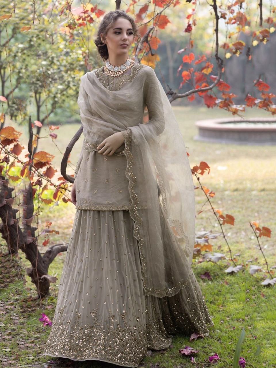 Grey Sequins Embroidered Net Party Wear Lehenga With Long Top