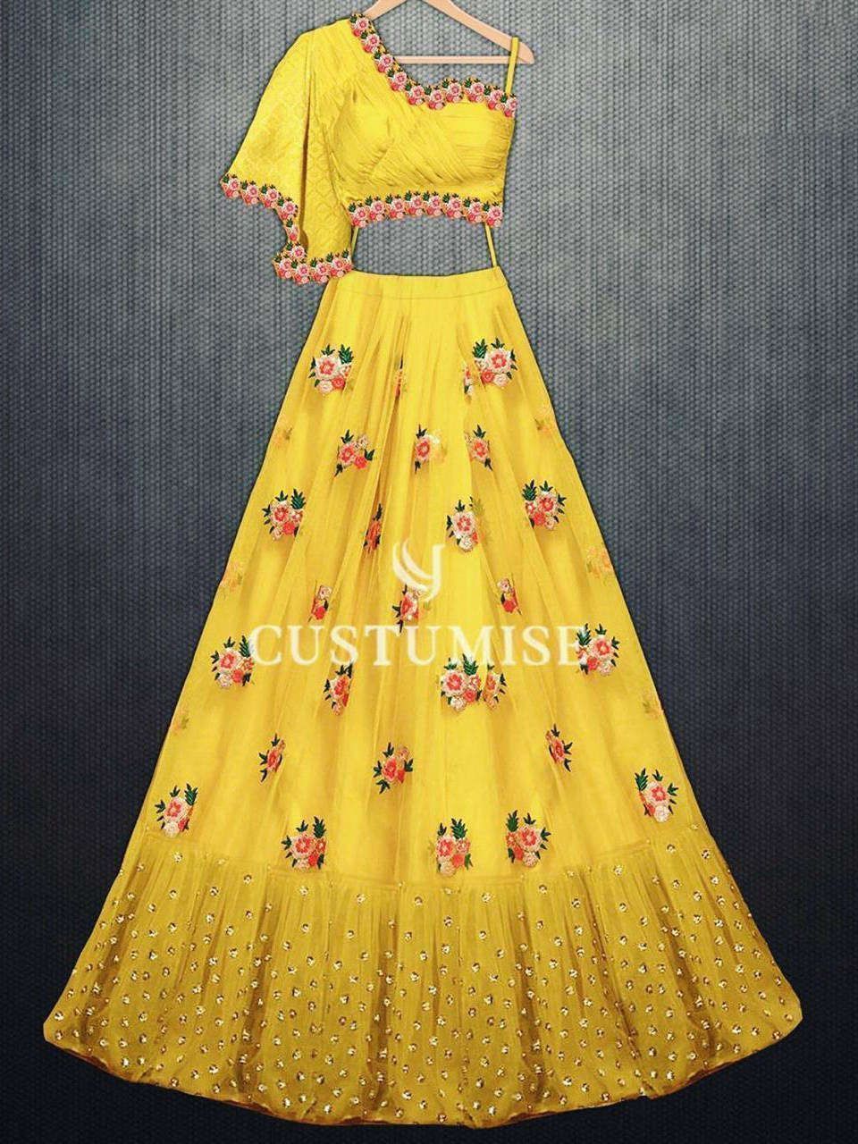 Yellow Floral Embroidery Net Party Wear Ruffle Lehenga Choli With Dupatta (Default)