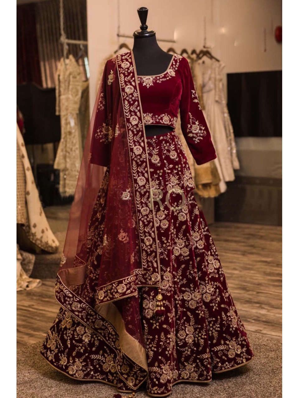 Maroon Embroidered Velvet Silk Bridal Lehenga Choli With Dupatta (Default)