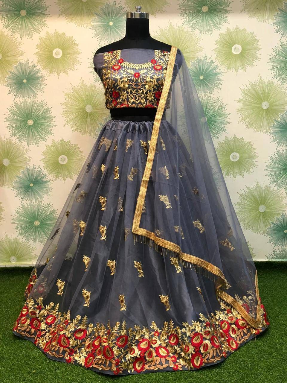 Gray Floral Embroidered Net Party Wear Lehenga Choli 