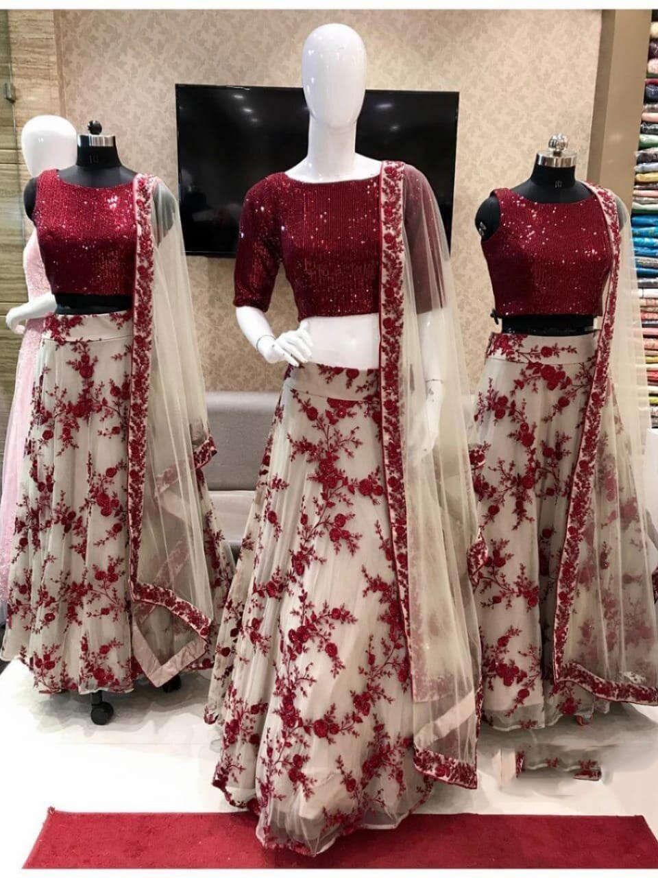 Maroon Floral Sequins Net Party Wear Lehenga Choli With Dupatta