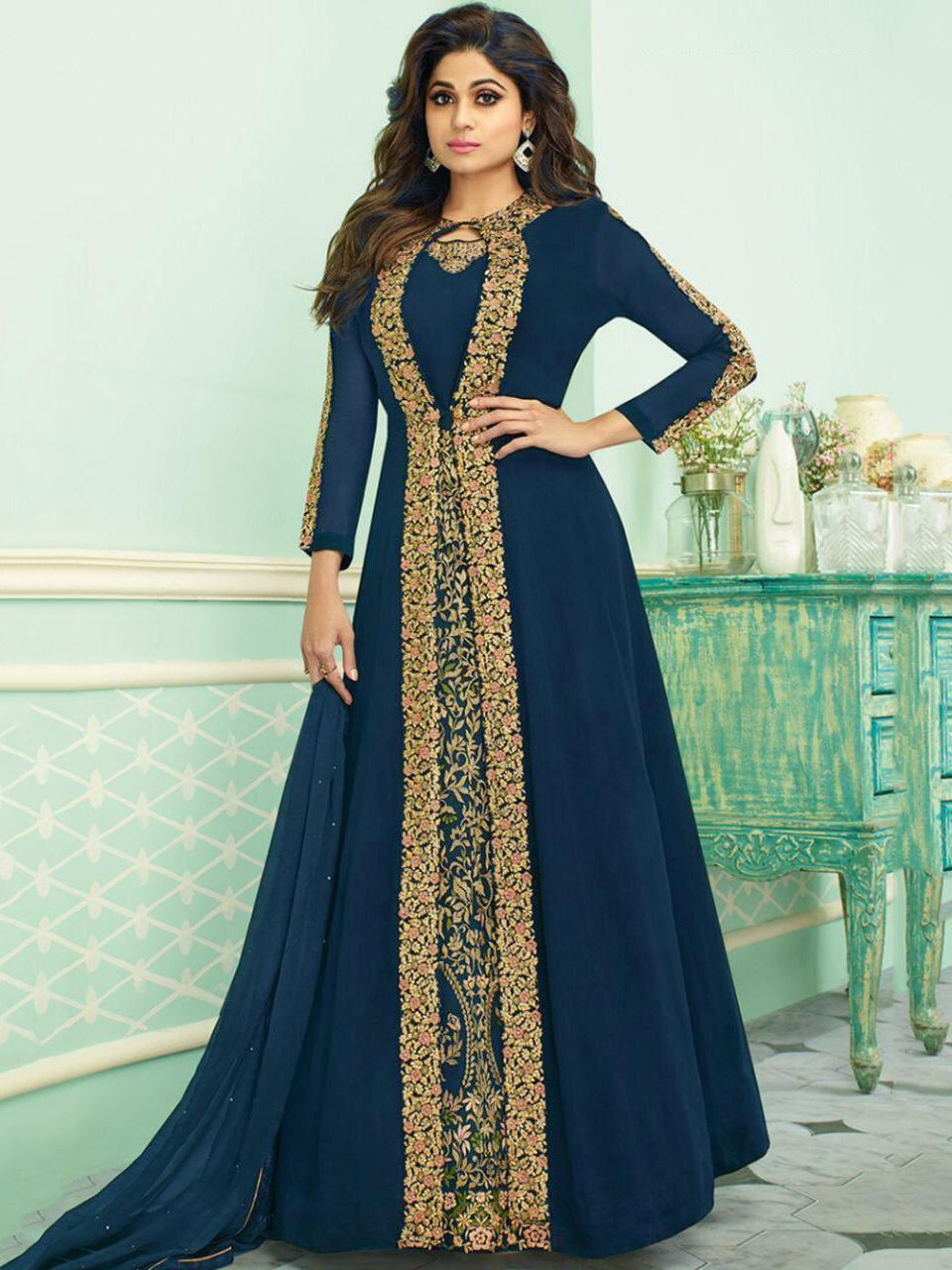 Shamita Shetty Blue Embroidered Georgette Party Wear Jacket Gown