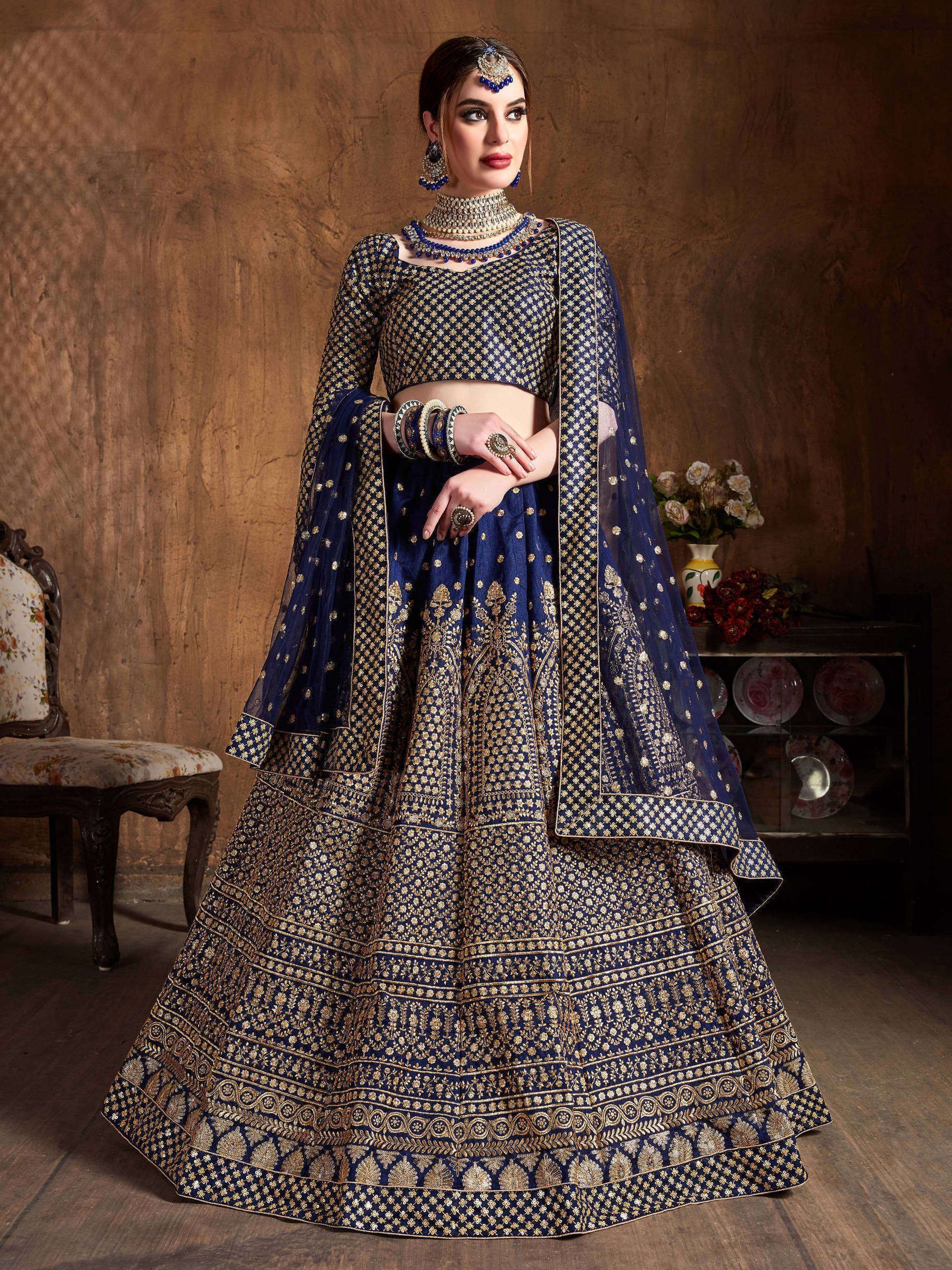 Navy Blue Sequins Raw Silk Wedding Lehenga Choli With Dupatta (Default)