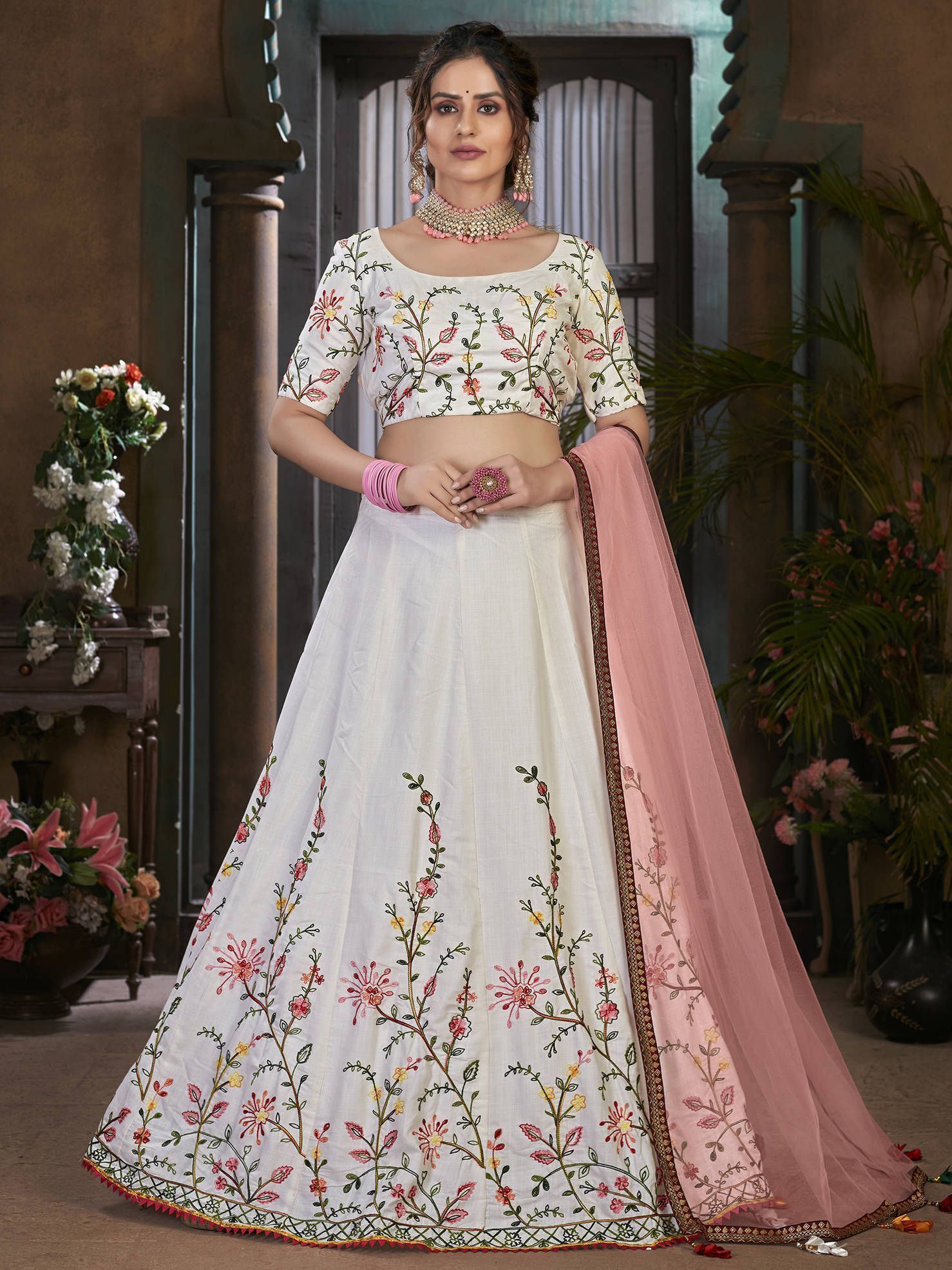 White Multi Thread Embroidered Cotton Wedding Wear Lehenga Choli