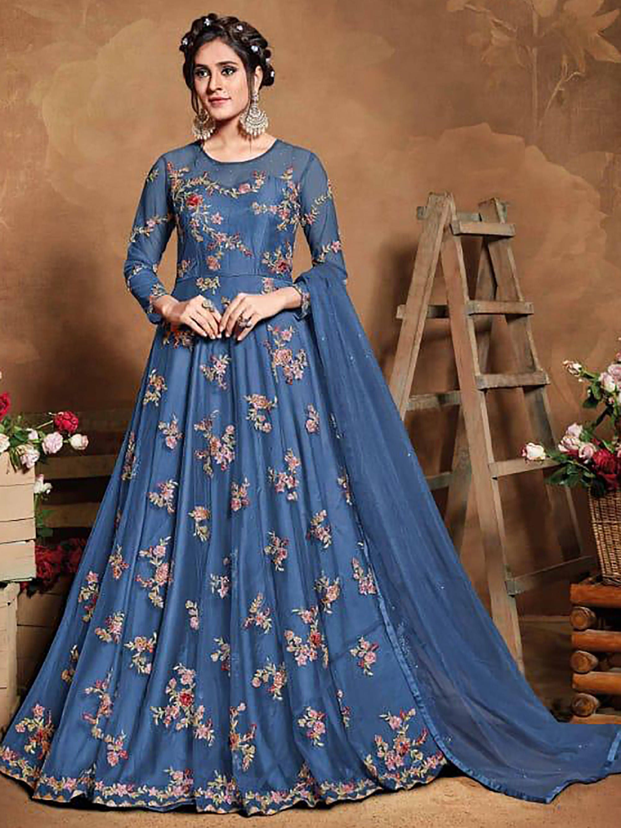 Blue Floral Embroidered Net Party Wear Abaya Style Gown