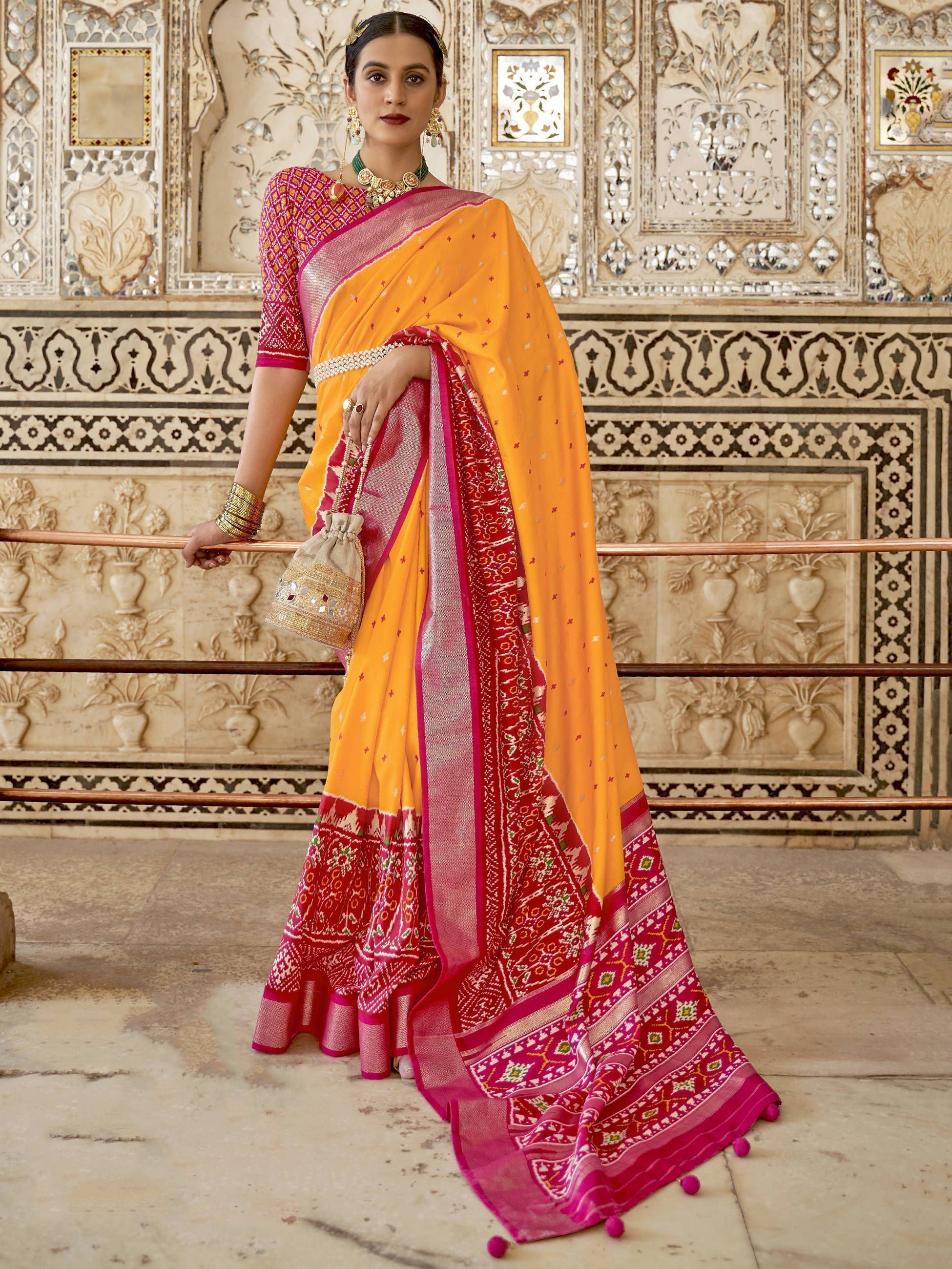 Dazzling Yellow & Pink Patola Silk Wedding Wear Saree
