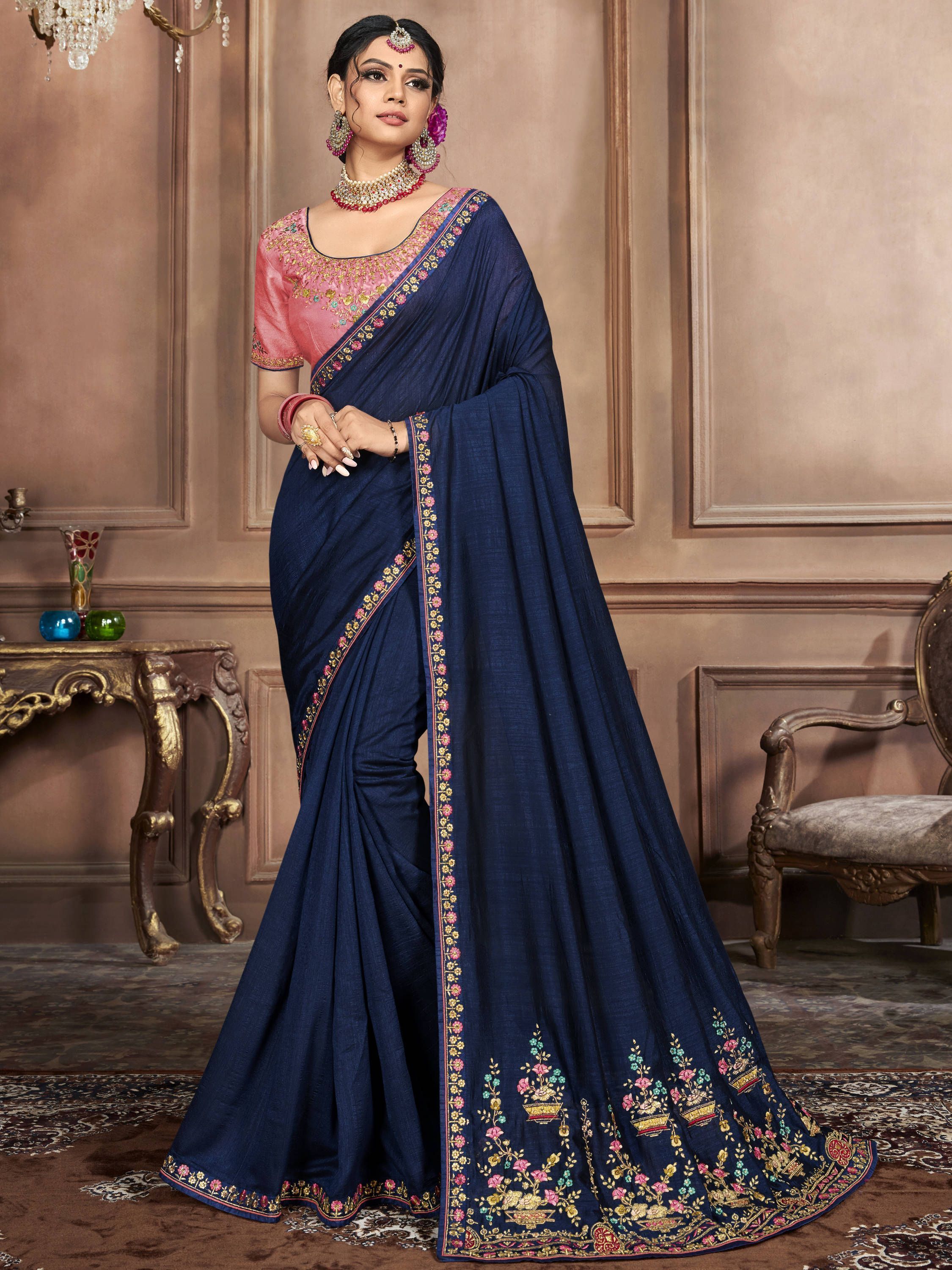 Navy Blue Embroidered Silk Wedding Wear Saree With Blouse