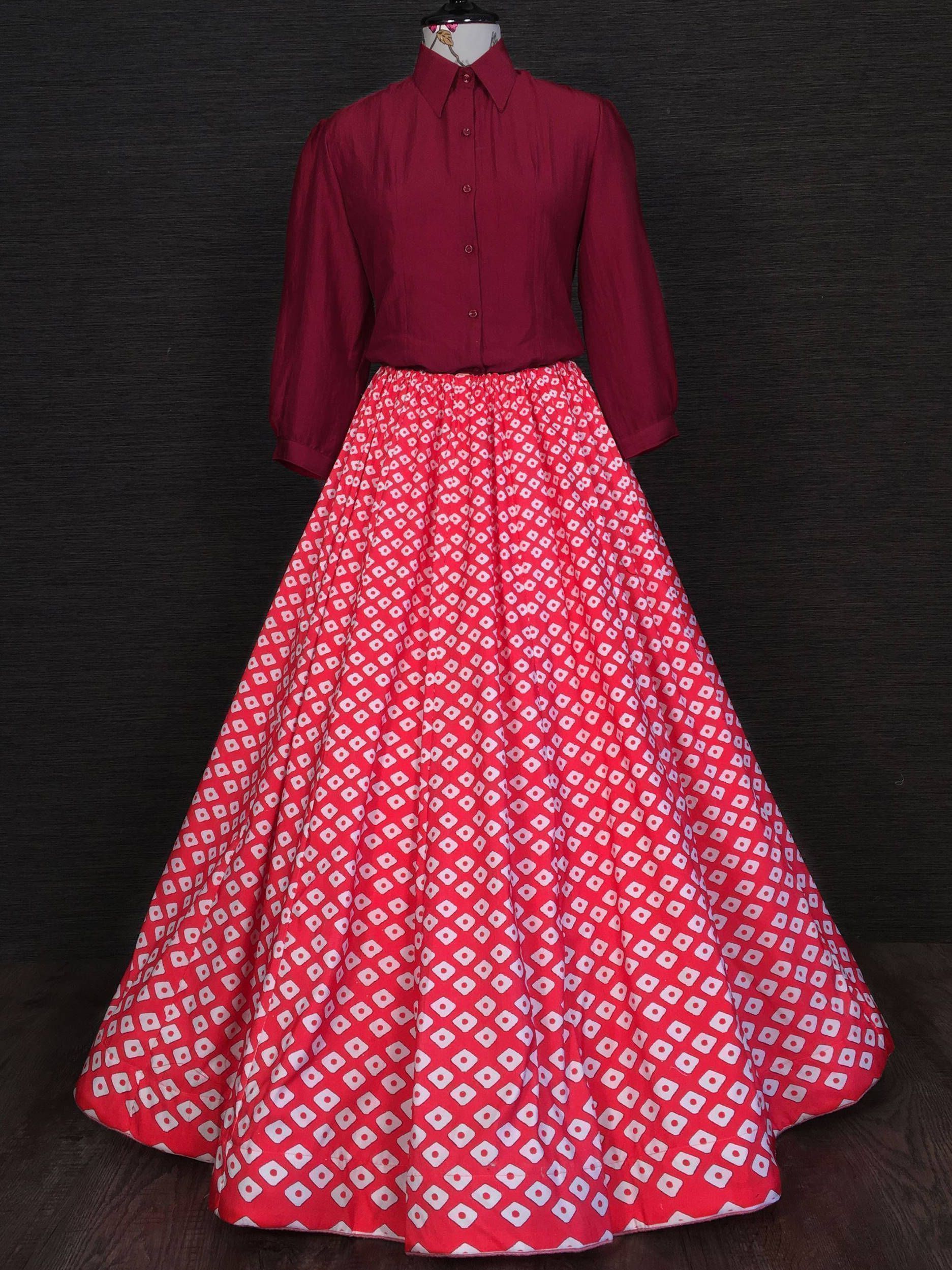 Red And Maroon Printed Silk Indo Western Readymade Shirt With Skirt