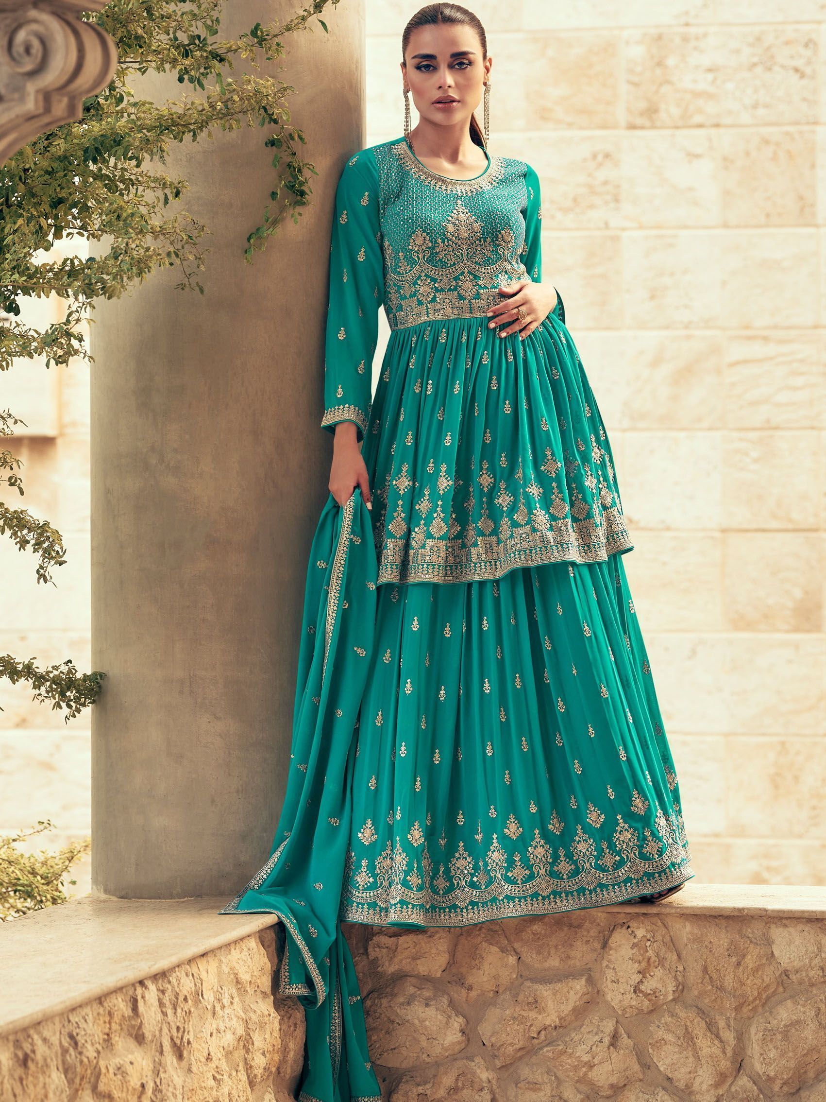 Magnetic Sea Green Embroidered Georgette Gharara Suit With Dupatta
