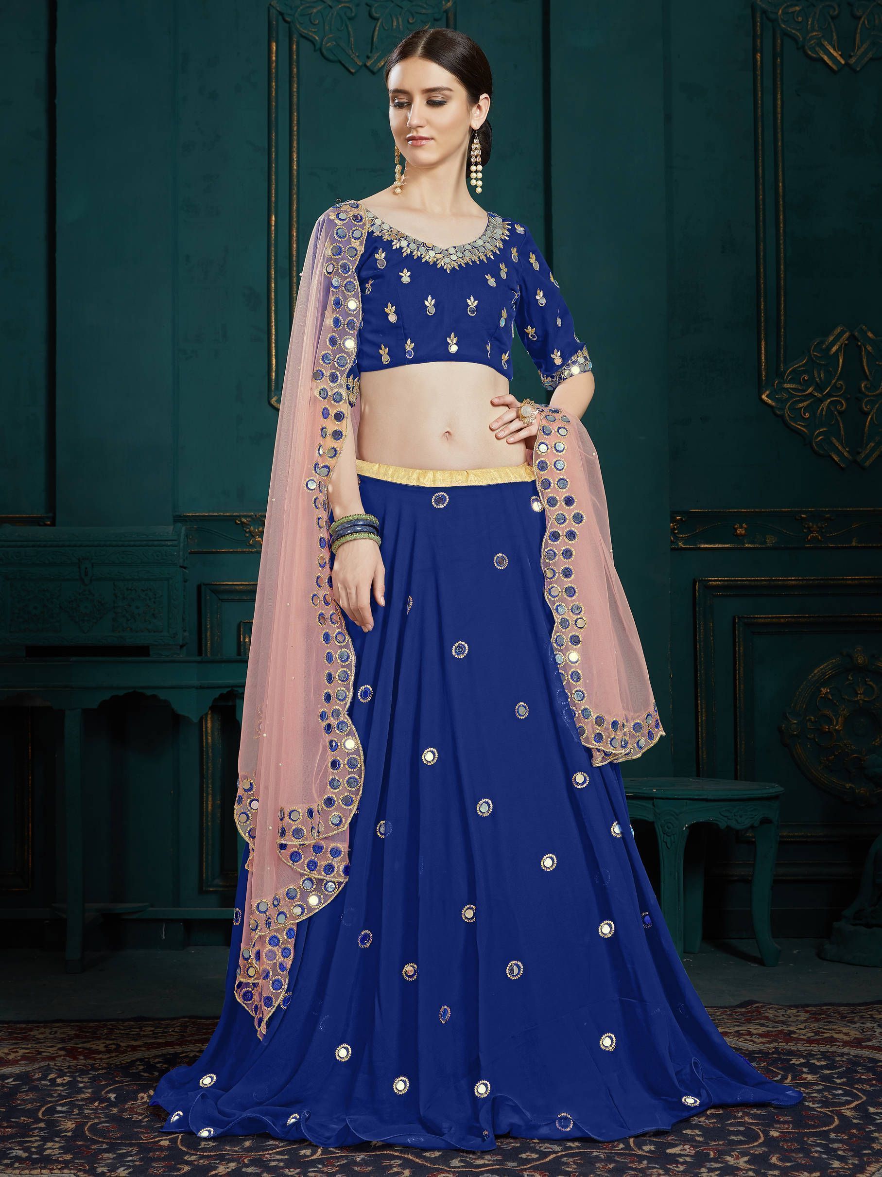 Blue Mirror Work Georgette Festive Wear Lehenga Choli With Pink Dupatta (Default)