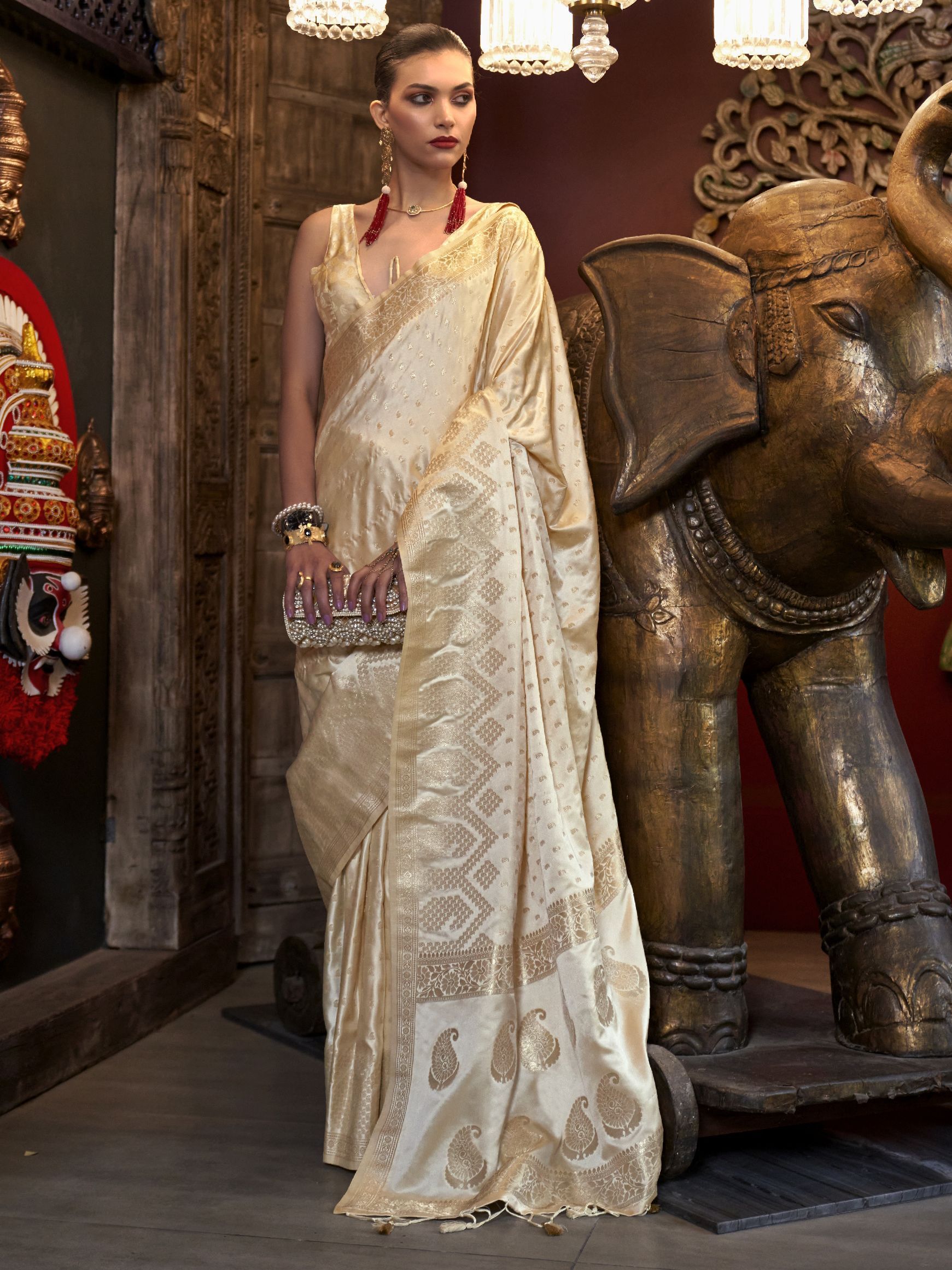 Stunning Beige Zari Weaving Satin Traditional Saree With Blouse