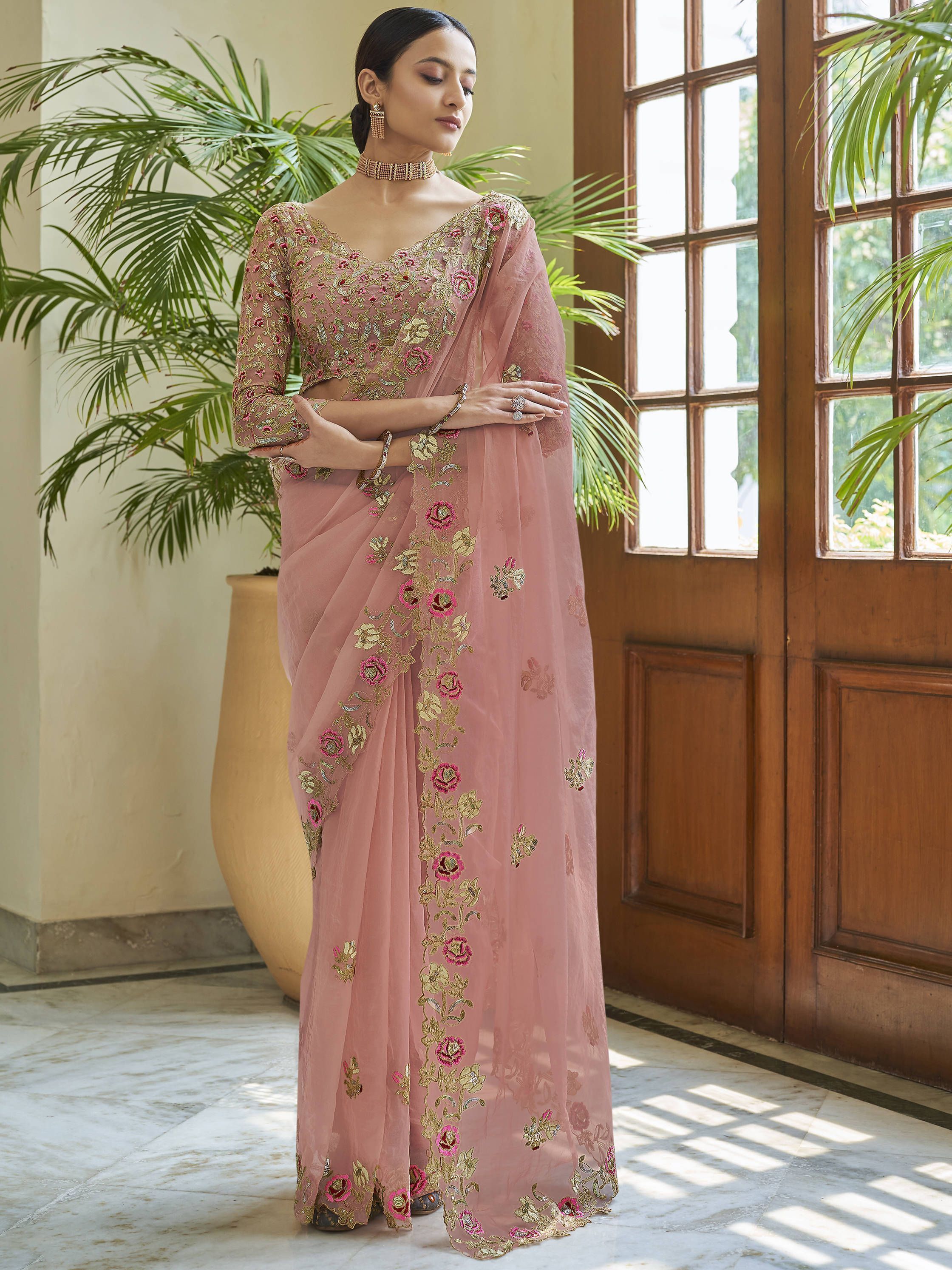Peach Floral Embroidered Organza Party Wear Saree