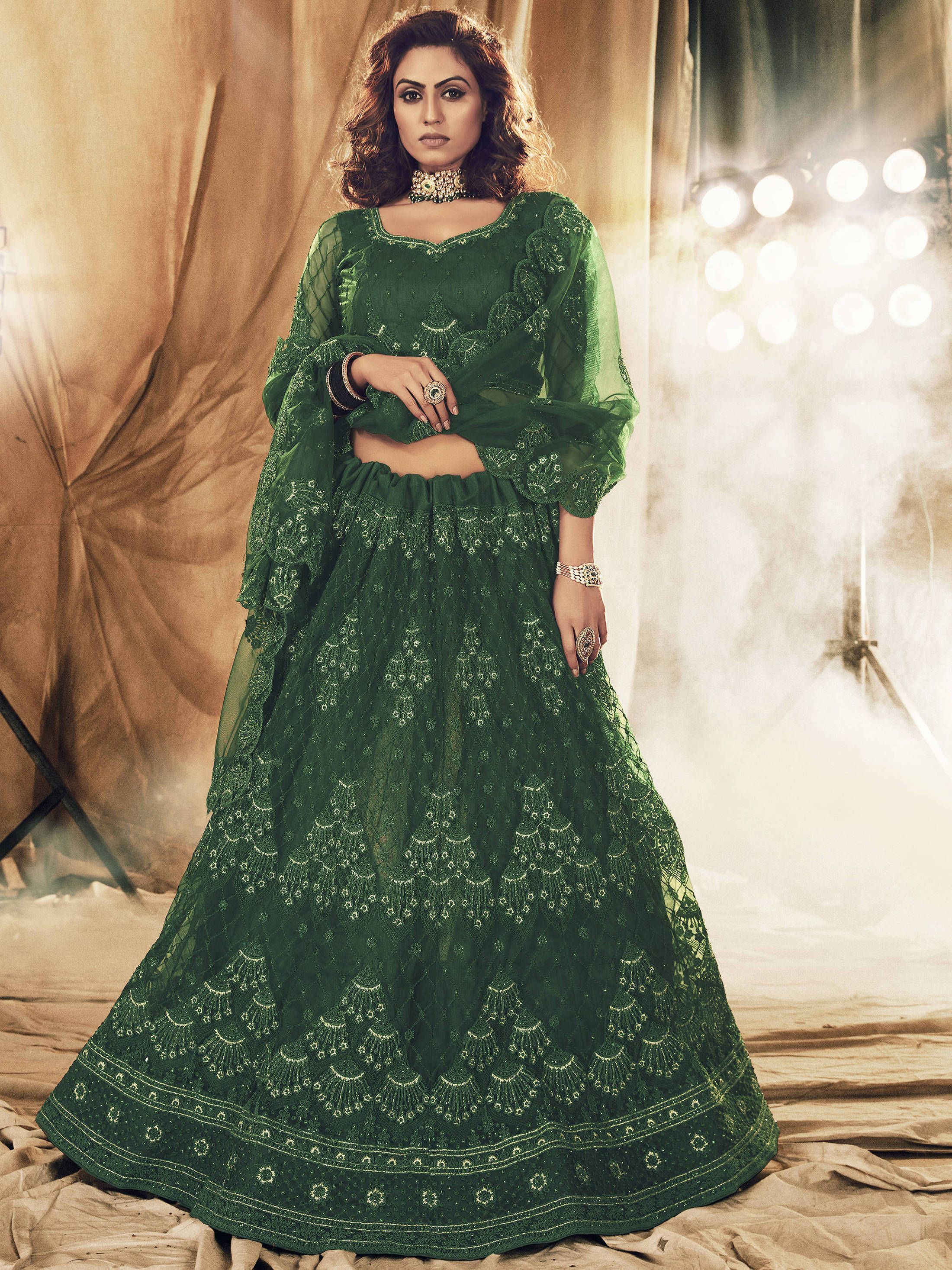 Green Floral Stone Embroidered Net Bridal Lehenga Choli