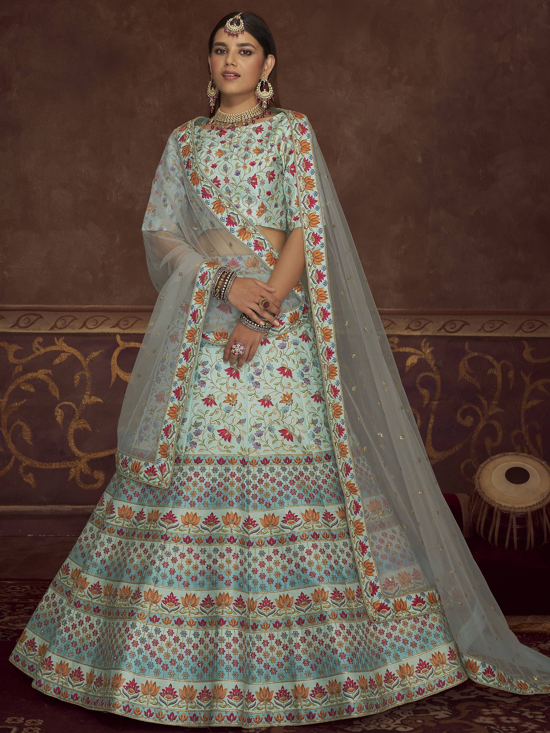 Marvelous Sky Blue Printed Silk Wedding Wear Lehenga Choli