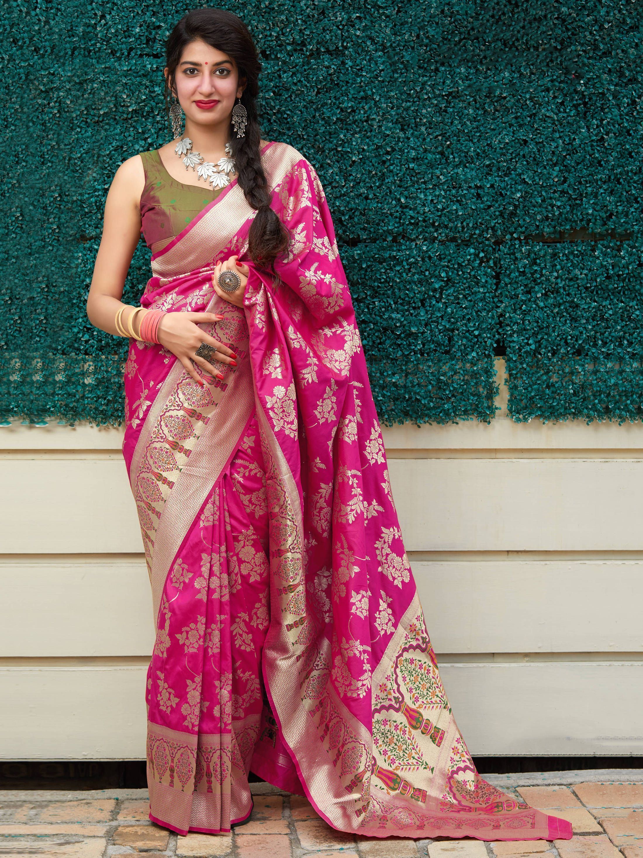 Pink & Green Soft Silk Festive Wear Saree With Blouse
