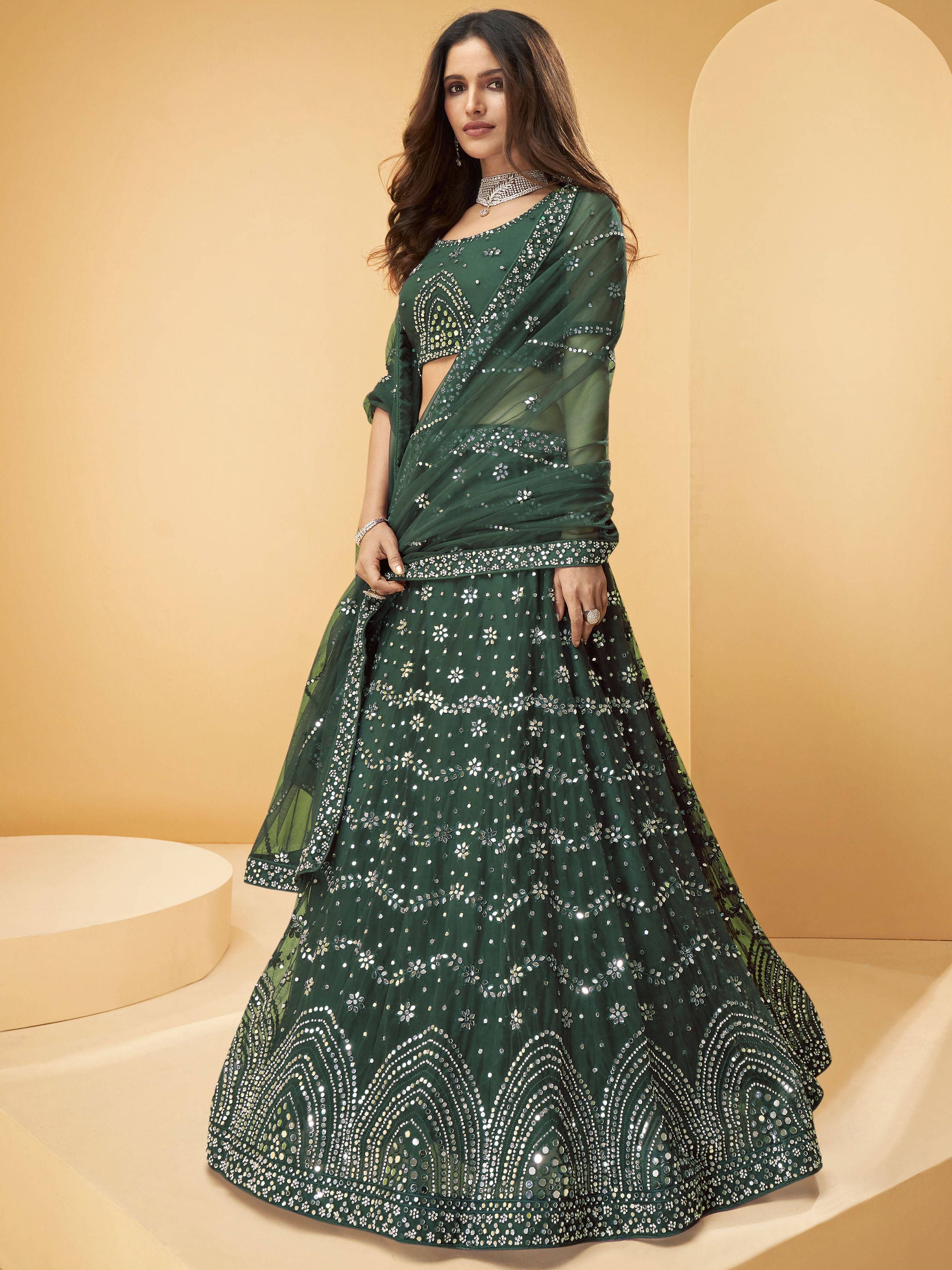 Green Mirror Work Net Wedding Wear Lehenga Choli