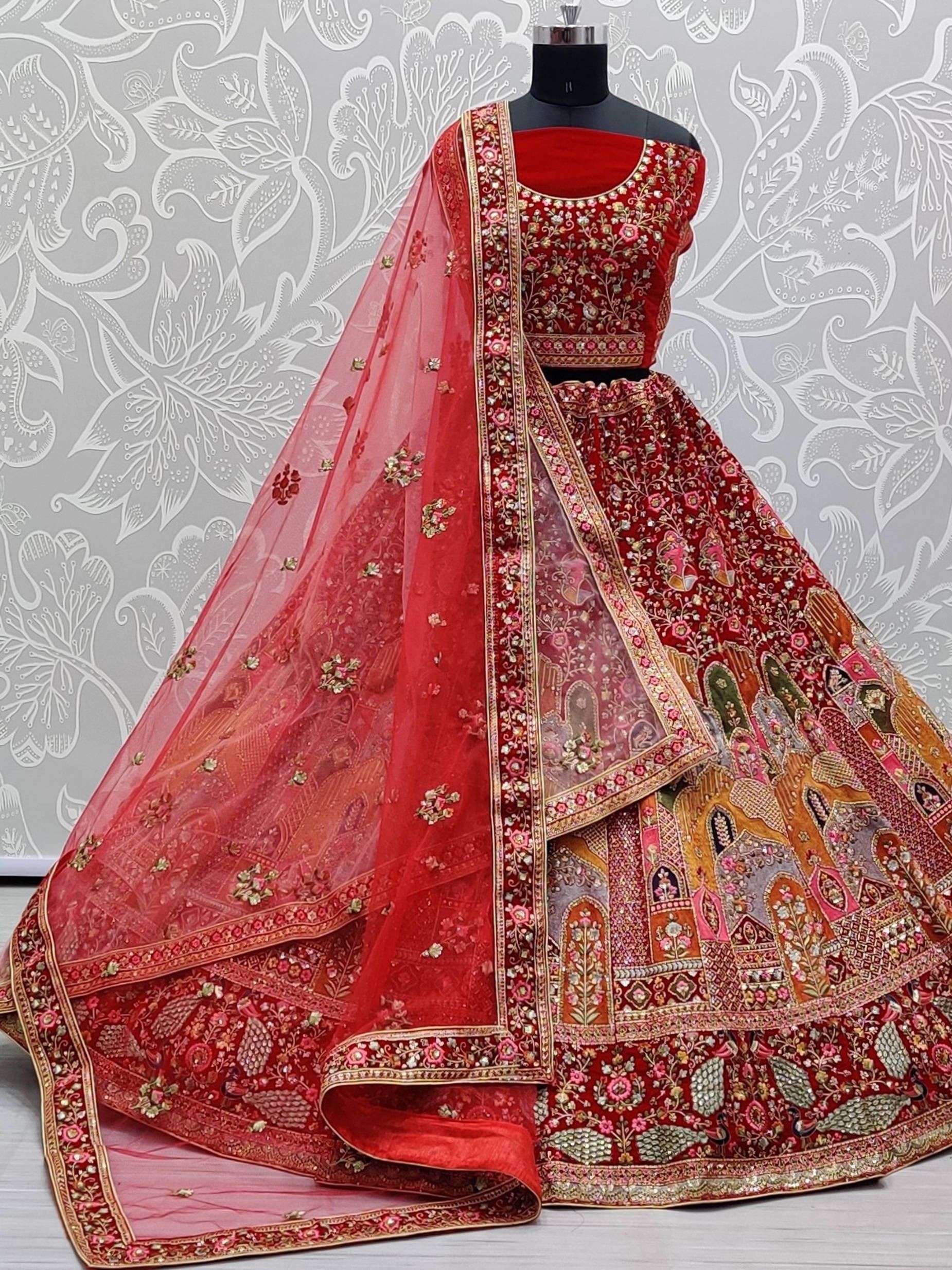 Imperial Red Multi-Thread Zari Velvet Bridal Wear Lehenga