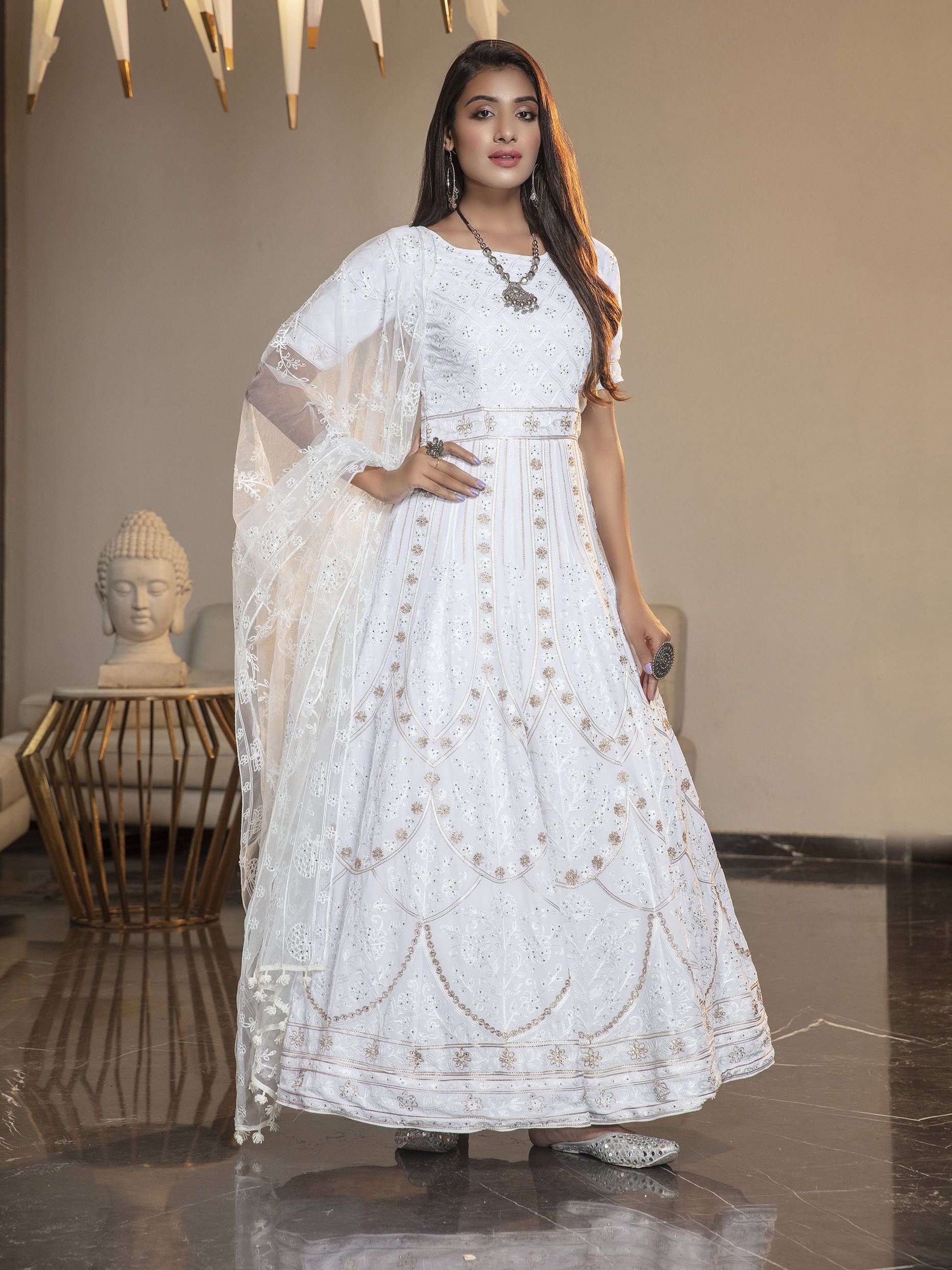 White Stone Thread Embroidered Georgette Party Wear Anarkali Gown