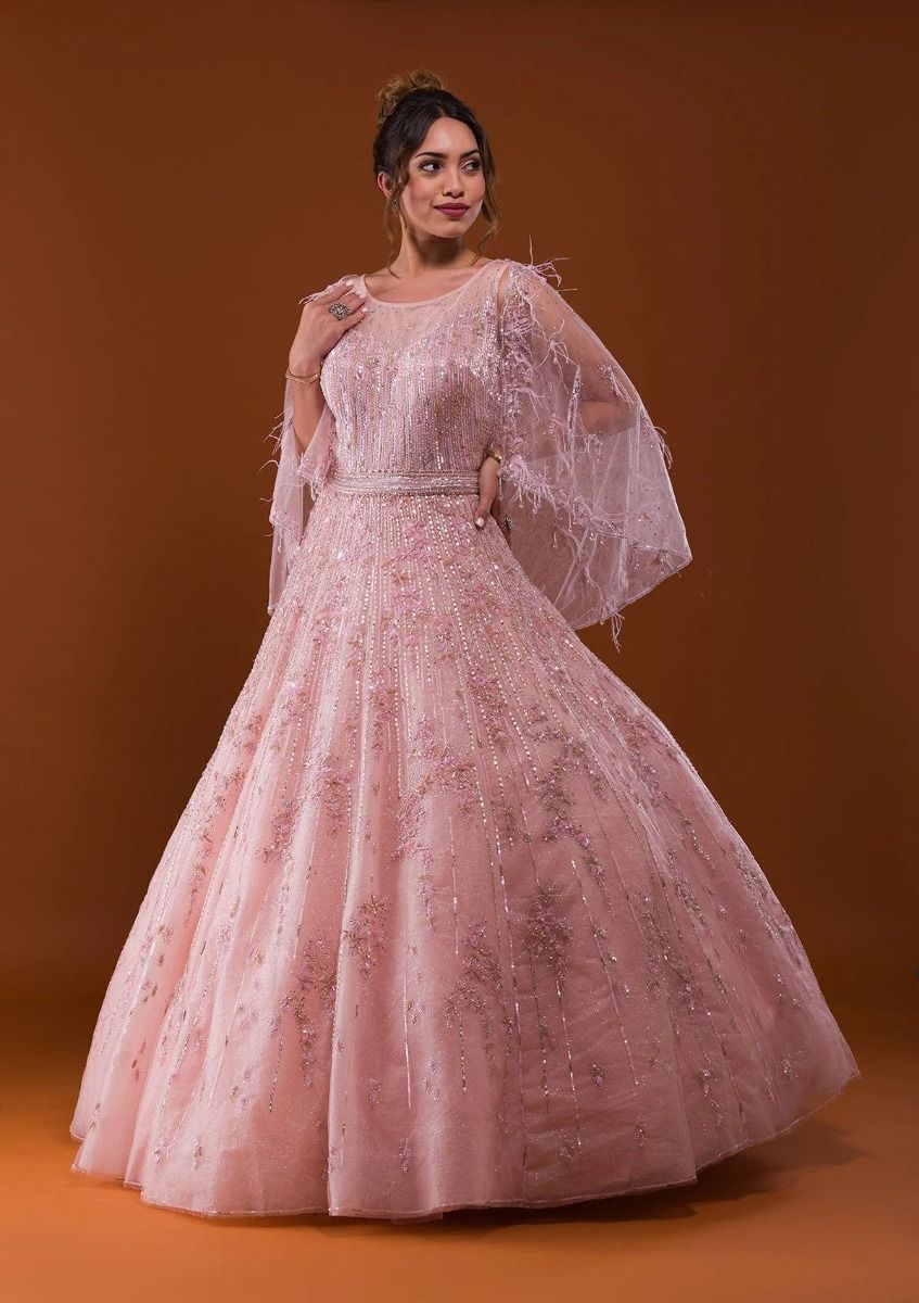 Gown : Pink soft net thread sequence work evening gown