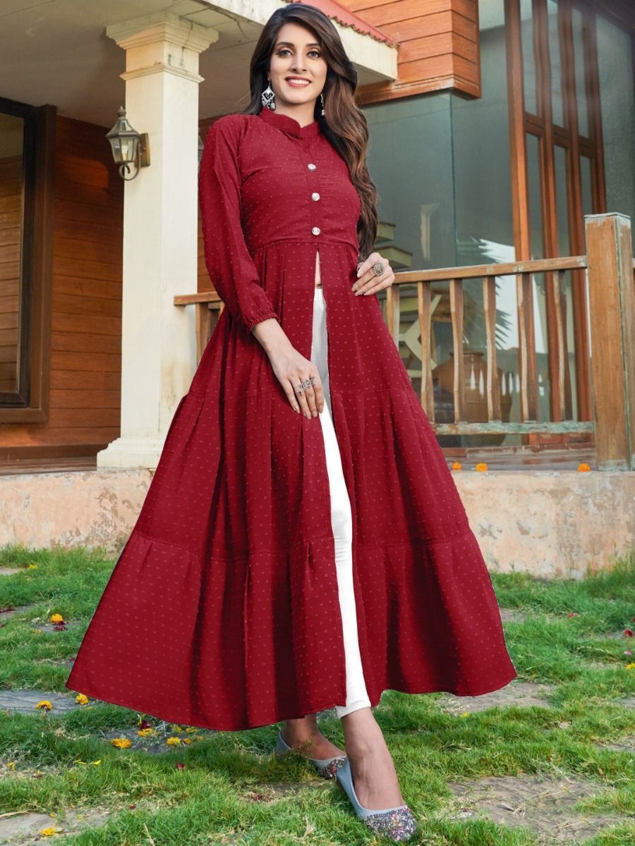 Buy Online Maroon Hit Design Long Kurti With All Buttons Stitched And Belt   Kurtis  Tunics Online India