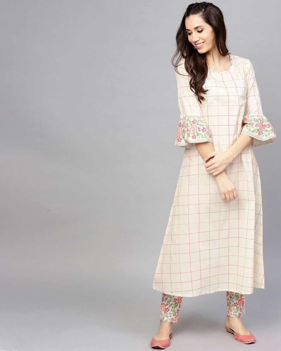 Embroidered - Women Embroidered Kurtas Online at Soch - Off White Chanderi  Kurta With Embroidered Yoke And Mirror Work