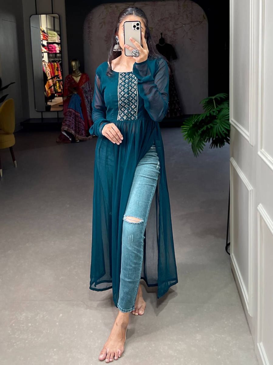 Embroidered Georgette Ceremony Wear Nayra Cut Kurti