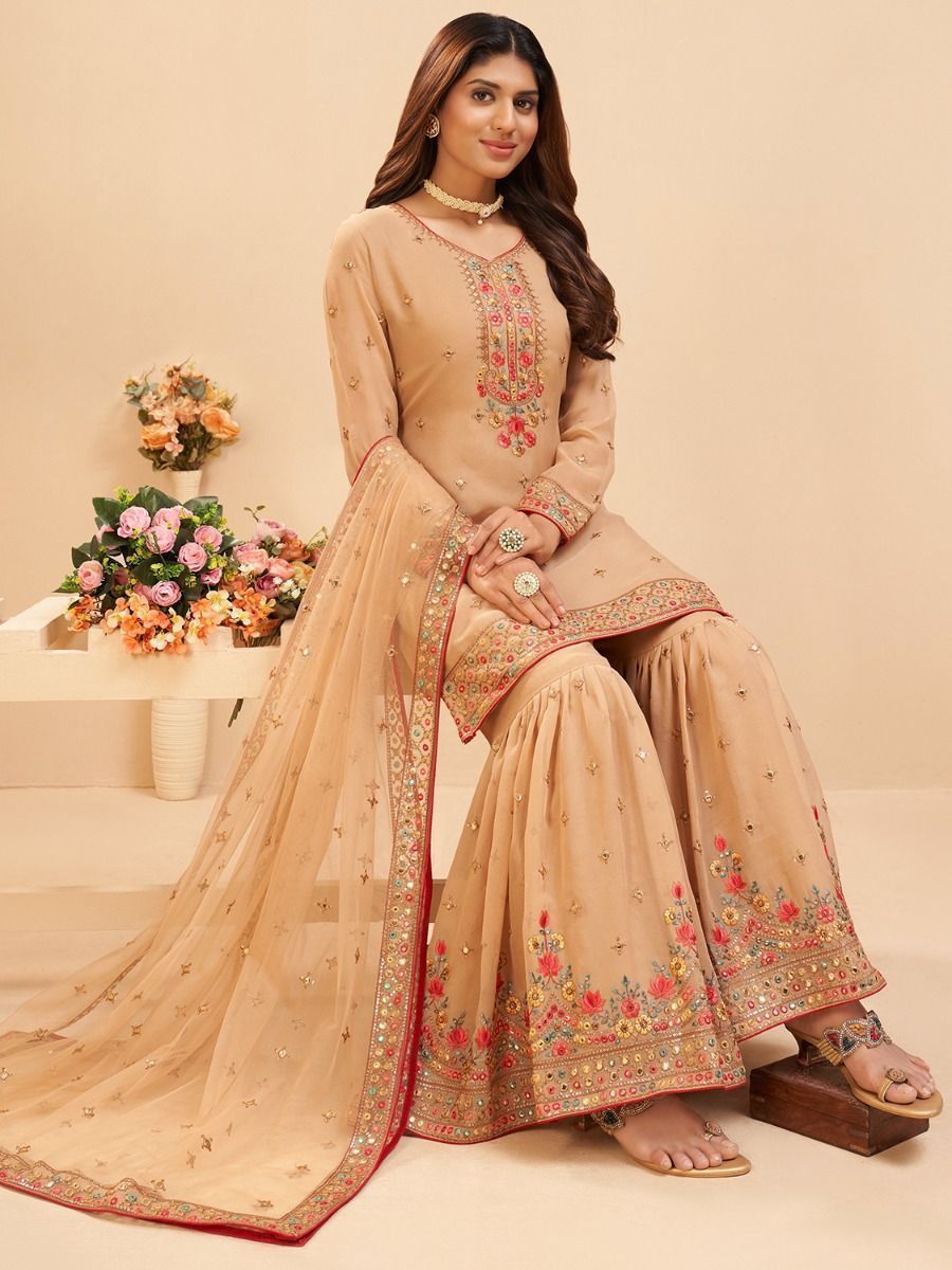 Mustard Designer Embroidered Silk Wedding Sharara Suit | Saira's Boutique